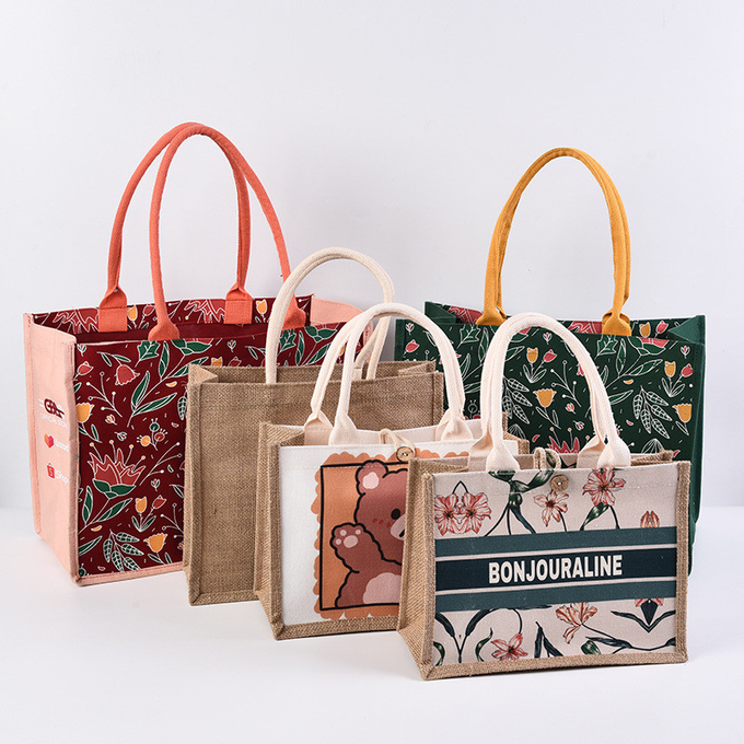Osobiste naturalne płótno Drukowane worki z jutą Borlap Tote Bag 0